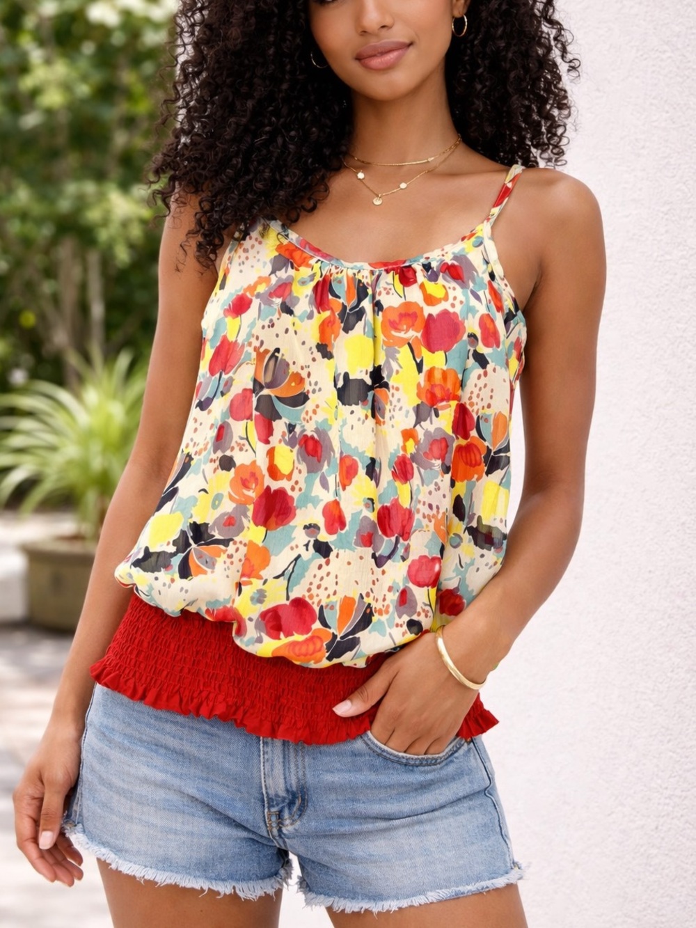 Twenty One Floral Red Yellow Cami Tank Top Smocked Hem Sleeveless Y2K Boho USA M
